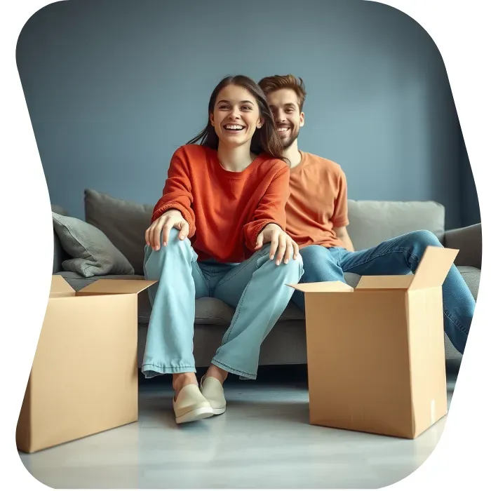 Two guys sitting on the floor of their apartment with Muval moving boxes